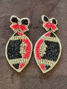 Game Day Red and Black Beaded Football Earrings. NWOT